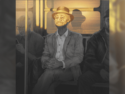 Illustration of a man wearing a suit and a hat sitting on the bus. The sun is shining on his face.