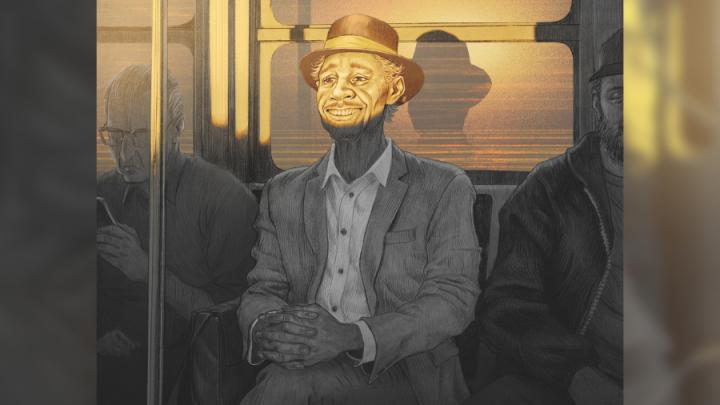 Illustration of a man wearing a suit and a hat sitting on the bus. The sun is shining on his face.