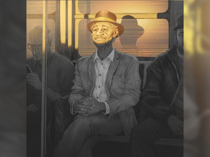 Illustration of a man wearing a suit and a hat sitting on the bus. The sun is shining on his face.