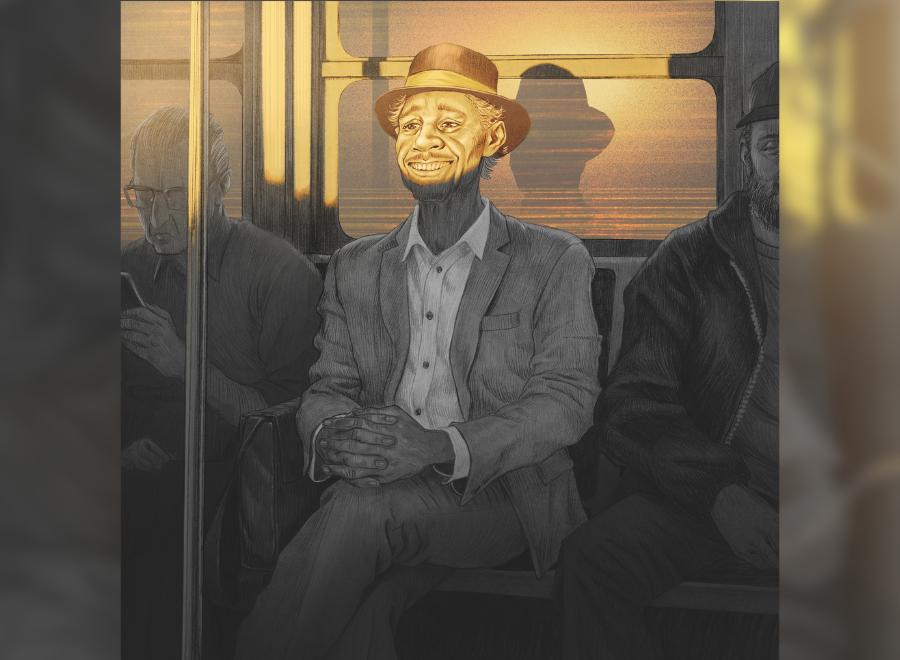 Illustration of a man wearing a suit and a hat sitting on the bus. The sun is shining on his face.