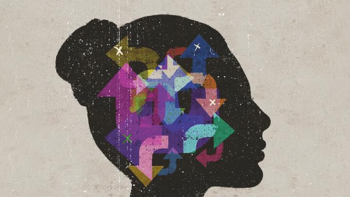 Illustration of a silhouette of a woman's head. Inside are arrows of different colours pointing indifferent directions.