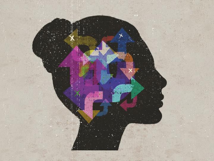 Illustration of a silhouette of a woman's head. Inside are arrows of different colours pointing indifferent directions.