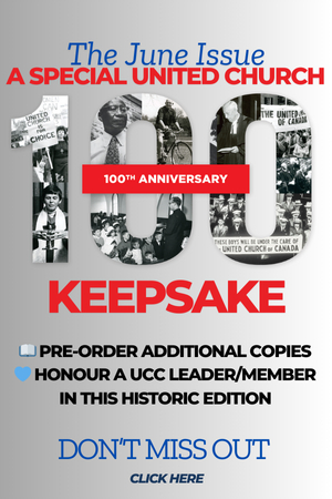 Promotional image for the June issue celebrating the United Church's 100th anniversary. Features "100" with historic photos, bold text, and a call to pre-order keepsakes or honor members in this special edition.