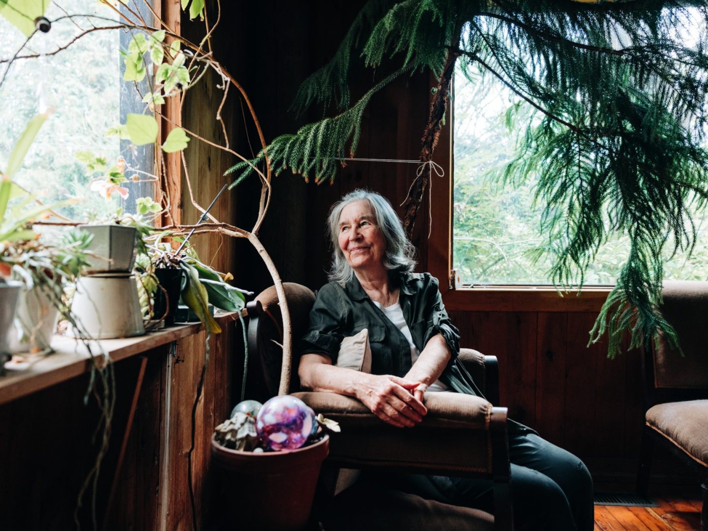 An elderly woman with gray hair sits peacefully in a cozy, wood-paneled room filled with lush indoor plants. Sunlight filters through large windows, illuminating her gentle smile as she gazes thoughtfully outside.