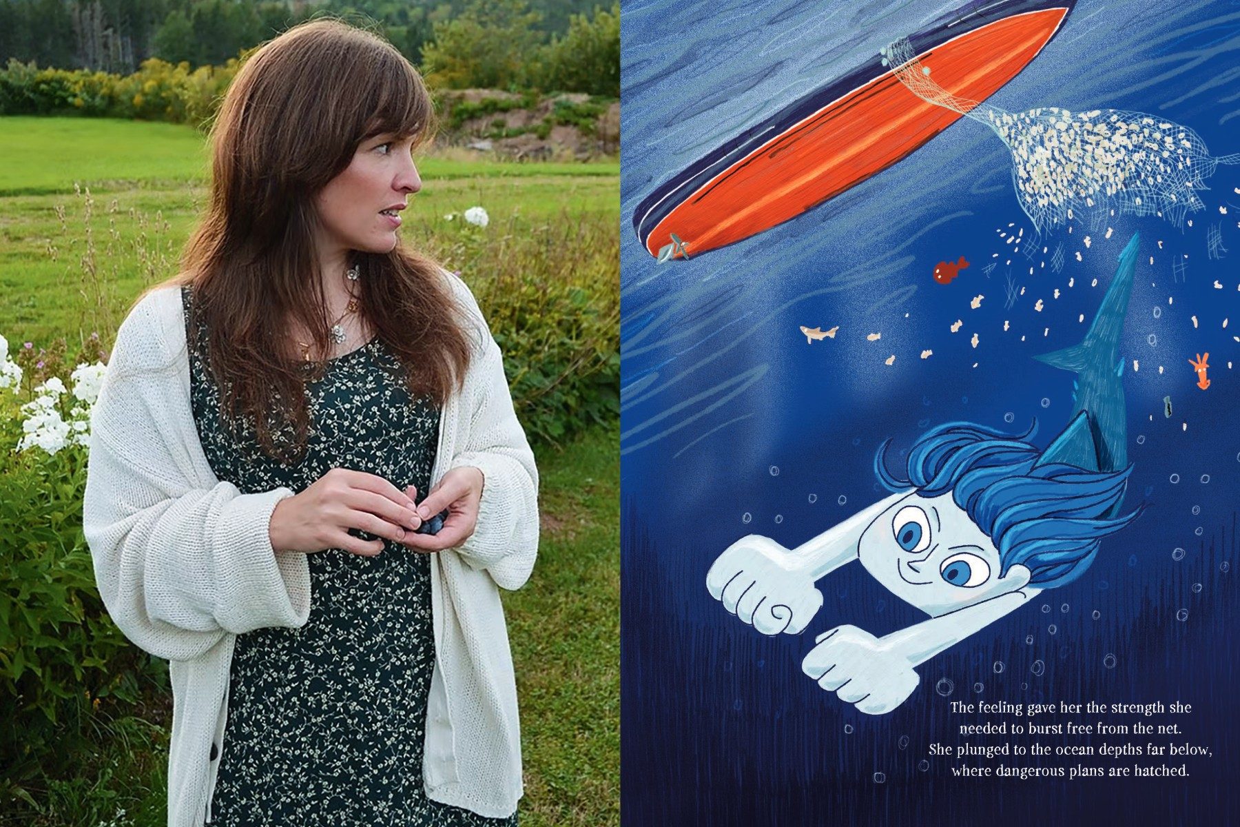 A split image: on the left, a woman in nature wearing a floral dress and cardigan; on the right, an underwater illustration of a blue-haired character swimming away from a boat and fishing net.