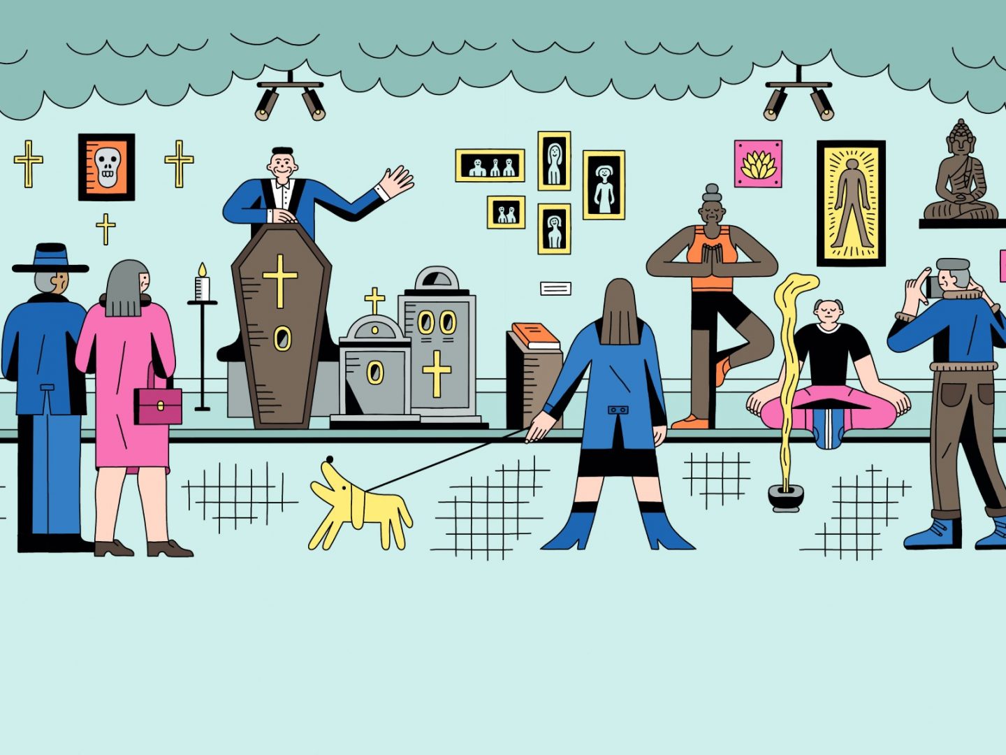 Colourful illustration of people engaging in various rituals, including a funeral, yoga, meditation, and photography.