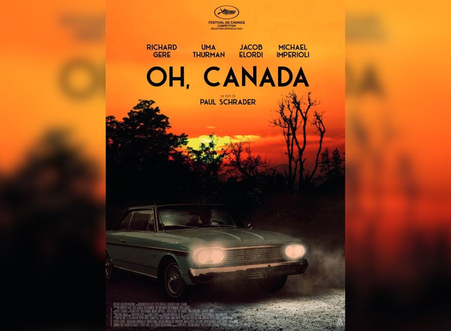 Movie poster for Oh, Canada shows a vintage car with headlights on against an orange sunset and silhouetted trees.