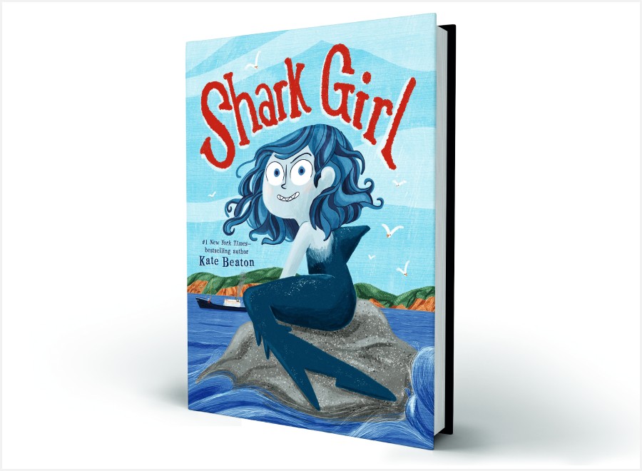 A 3D-rendered book cover of Shark Girl by Kate Beaton, featuring a blue-haired shark-tailed girl on a rock.