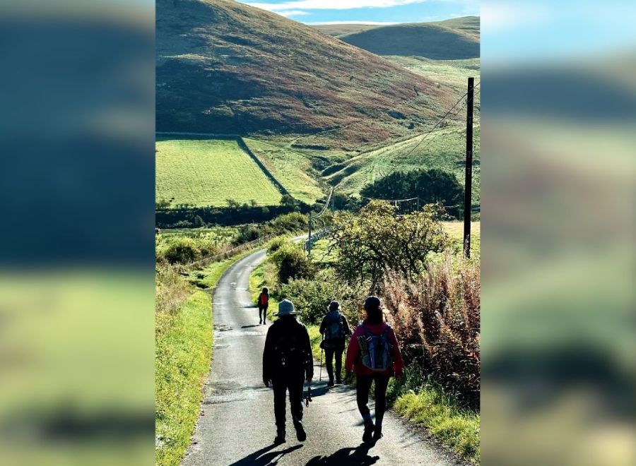 A group of hikers walking on a narrow country road, surrounded by lush green hills under a bright blue sky.