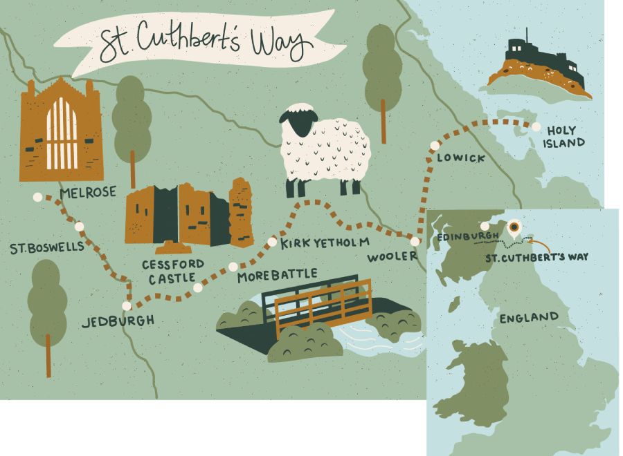 Illustrated map of St. Cuthbert’s Way, showing key locations from Melrose to Holy Island with landmarks and a walking route.