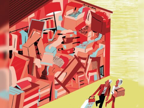 Illustration of an overfilled storage unit with clutter, as an elderly couple walks towards it carrying more items.