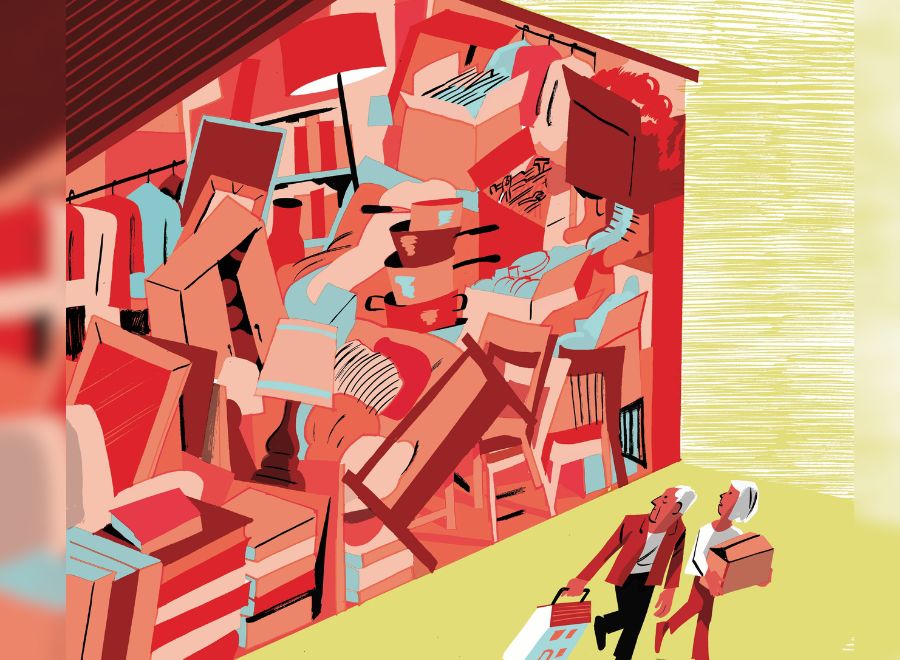 Illustration of an overfilled storage unit with clutter, as an elderly couple walks towards it carrying more items.