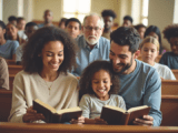 A family sit in a church pew looking at hymn books. They mother is a light-skinned Black woman with curly brown hair and a beige long sleeve top on. Her daughter sits next to her. She is also light skinned with brown hair. She is smiling and sitting in her father's lap. He is a white man with brown hair, brown beard and blue shirt on. He is holding a hymn book and smiling.