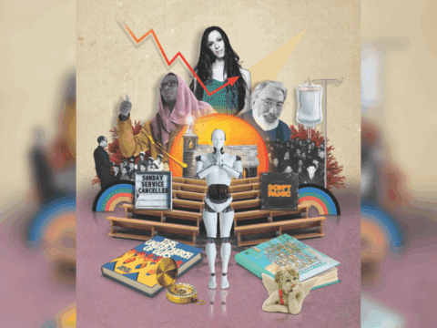 A collage of different people. From the top, there is a white woman with brown hair in a green dress, below her is a white man with white hair, glasses and smiling, below him is a group of Black and brown people next to an IV bag. Below is a rainbow, a CD that says, "Don't panic", a book that says, "The Hitchhiker's Guide to the Galaxy," a ceramic angel. In the middle is a robot, a pocket watch, a book that says, "This United Church of Ours". Avobe is a sign that says, "Sunday Service Cancelled", a group of children sitting in front of a priest and a Black man with a pink towel on his head. He is wearing glasses and has his thumb up.