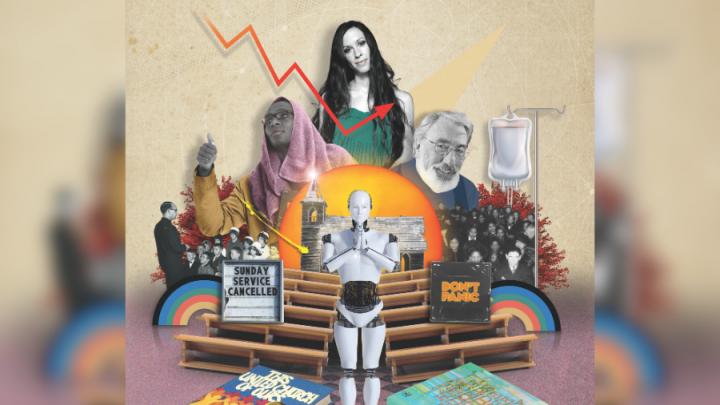 A collage of different people. From the top, there is a white woman with brown hair in a green dress, below her is a white man with white hair, glasses and smiling, below him is a group of Black and brown people next to an IV bag. Below is a rainbow, a CD that says, "Don't panic", a book that says, "The Hitchhiker's Guide to the Galaxy," a ceramic angel. In the middle is a robot, a pocket watch, a book that says, "This United Church of Ours". Avobe is a sign that says, "Sunday Service Cancelled", a group of children sitting in front of a priest and a Black man with a pink towel on his head. He is wearing glasses and has his thumb up.