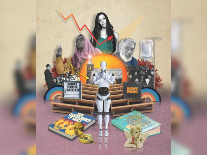A collage of different people. From the top, there is a white woman with brown hair in a green dress, below her is a white man with white hair, glasses and smiling, below him is a group of Black and brown people next to an IV bag. Below is a rainbow, a CD that says, "Don't panic", a book that says, "The Hitchhiker's Guide to the Galaxy," a ceramic angel. In the middle is a robot, a pocket watch, a book that says, "This United Church of Ours". Avobe is a sign that says, "Sunday Service Cancelled", a group of children sitting in front of a priest and a Black man with a pink towel on his head. He is wearing glasses and has his thumb up.