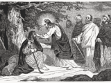 Woodblock illustration of Jesus healing a man sitting down holding a cane. Other men in robes stand behind Jesus and look on