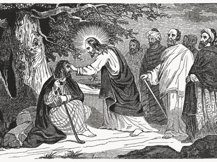 Woodblock illustration of Jesus healing a man sitting down holding a cane. Other men in robes stand behind Jesus and look on