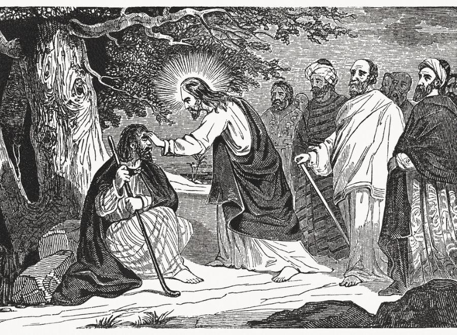 Woodblock illustration of Jesus healing a man sitting down holding a cane. Other men in robes stand behind Jesus and look on