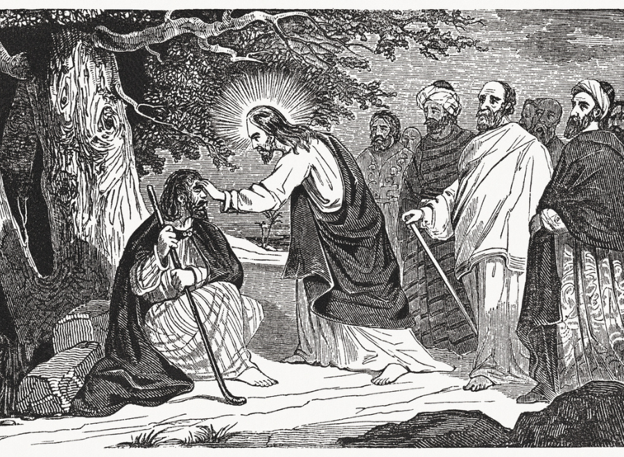 Woodblock illustration of Jesus healing a man sitting down holding a cane. Other men in robes stand behind Jesus and look on