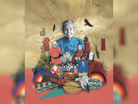 Collage of several Indigenous elders and a group of children. In the background are eagles, a totem pole, a teepee, a feather, a drum and a cow skull, bundles of sage