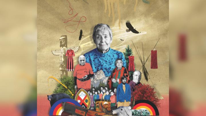 Collage of several Indigenous elders and a group of children. In the background are eagles, a totem pole, a teepee, a feather, a drum and a cow skull, bundles of sage
