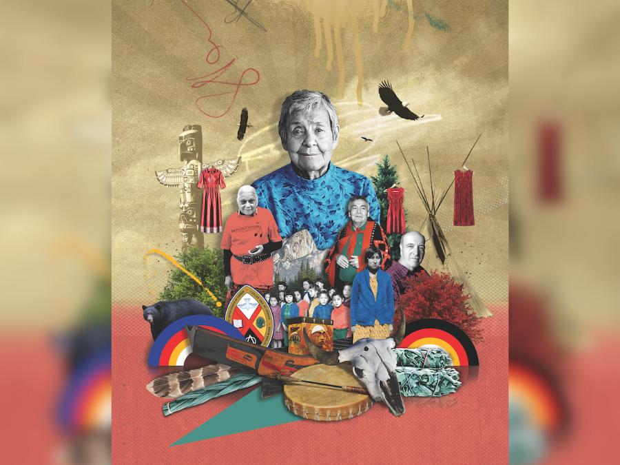 Collage of several Indigenous elders and a group of children. In the background are eagles, a totem pole, a teepee, a feather, a drum and a cow skull, bundles of sage