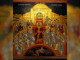 Ancient painting of a council featuring a group of men surrounding one man who is dressed in purple and gold robes. The other men are in white and black robes.