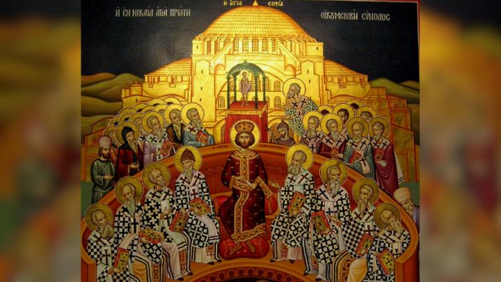 Ancient painting of a council featuring a group of men surrounding one man who is dressed in purple and gold robes. The other men are in white and black robes.