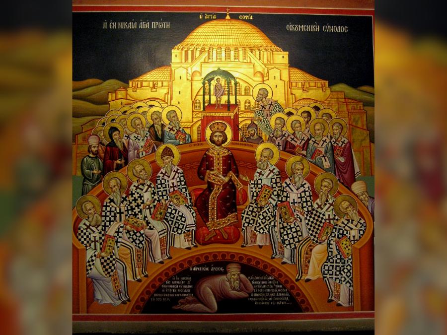 Ancient painting of a council featuring a group of men surrounding one man who is dressed in purple and gold robes. The other men are in white and black robes.