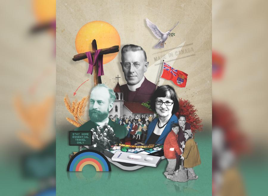 Collage of people in black and white with the bottom in colour of various items