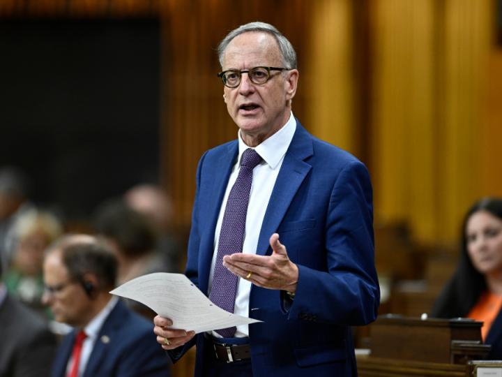 A middle-aged white man speaks in Parliament. He has white hair, black-framed glasses, is wearing a blue suit and purple tie. He is holding a paper in his right hand and gesturing with his left hand