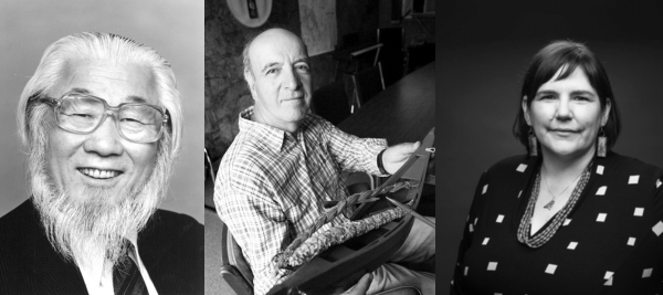 Black and white image of three people. From left to right is a headshot of an Asian man with classes and a chin beard. In the middle is an Indigenous man with a receding hairline, in a button up shirt. On the right is a headshot of an Indigenous woman with brown short brown hair, bangs and a black shirt on