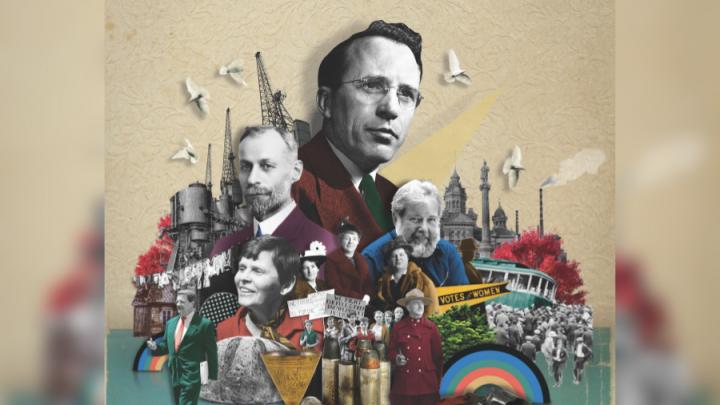 Colourful collage of multiple people and items. Some are in black and white