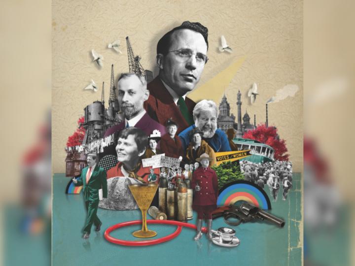 Colourful collage of multiple people and items. Some are in black and white