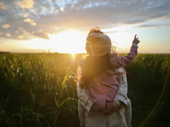 A person holds a child against a sunset. Their backs are facing the camera. The child has her right arm up and is pointing at the sky.