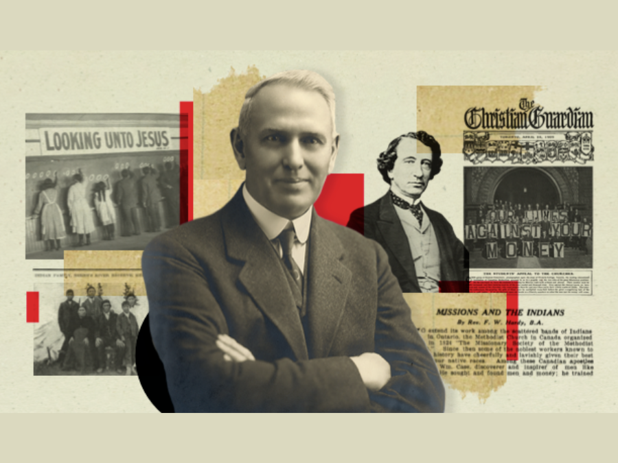 Collage of two white men in suits, a cover of The Christian Guardian, a document that says, "Missions and the Indians", a group of Indigenous children in front of a chalkboard and a sign that says, "Looking unto Jesus" and a group of Indigenous people sitting