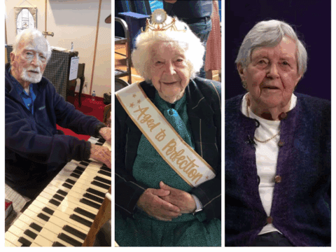 An image of three centenarian individuals: On the left, Ray Mackay seated at an organ wearing a dark sweater; in the center, Molly Austen smiling and wearing a celebratory sash reading "Aged to Perfection" and a crown; on the right, Miriam Tees wearing a purple cardigan and speaking in front of a dark background.