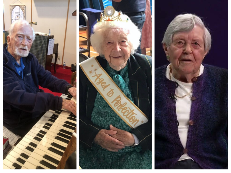 An image of three centenarian individuals: On the left, Ray Mackay seated at an organ wearing a dark sweater; in the center, Molly Austen smiling and wearing a celebratory sash reading "Aged to Perfection" and a crown; on the right, Miriam Tees wearing a purple cardigan and speaking in front of a dark background.