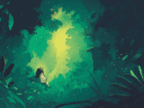 Illustration of the back of a man. He is in a forest and looking out at trees that are lit by fireflies. There is a shadow of a small shack