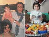 Side-by-side images: On the left, Paniz Vedavarz as a baby with her family in Tehran. On the right, Ghazal Azizi reading a poem by Hafez during kindergarten.