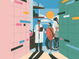 Colourful illustration of a brown-skinned man who is a doctor in a white lap coat and pink tie. He is talking to a woman with silver grey hair and orange shirt. The doctor is holding a clipboard and pen. IN the background is another doctor, a woman and a patient in a wheelchair