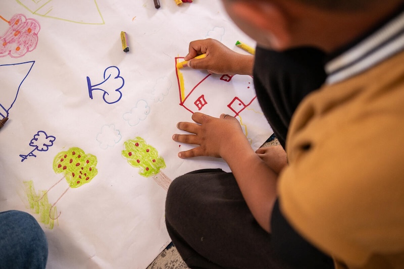Close up of a child's hands. They are drawing a red house
