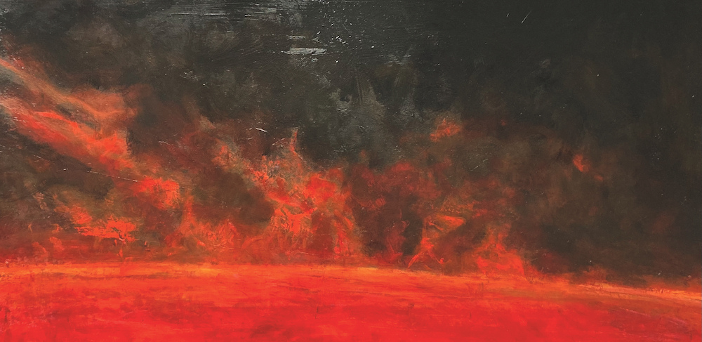 Painting of a red surface with red smoke rising onto a dark background