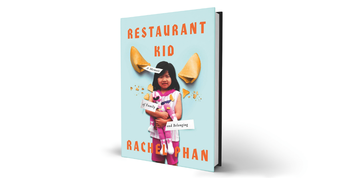 Image of a book cover. The cover is blue and says, "Restaurant Kid" at the top. There are fortune cookies and an Asian girl in the middle. On the bottom, it says, "Rachel Phan"