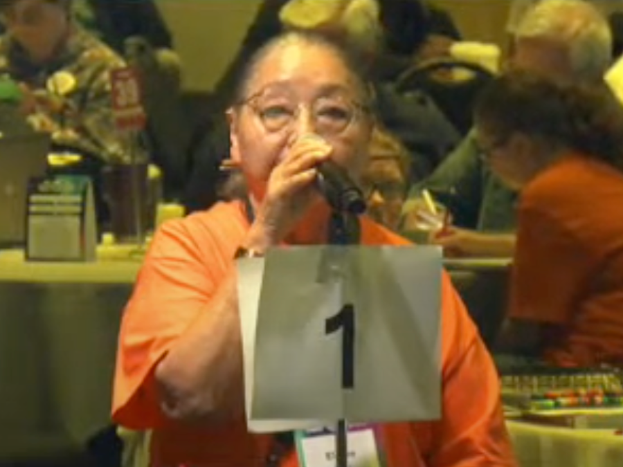 An Indigenous woman in an orange t-shirt speaks at a microphone