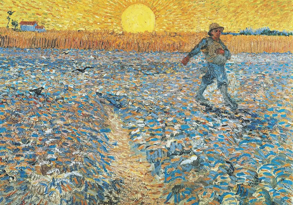 Painting of a person walking in a colourful field with the sun shining in the background