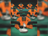 Illustration of prisoners working in a factory. They are faceless, wearing orange jumpsuits and working on sprockets