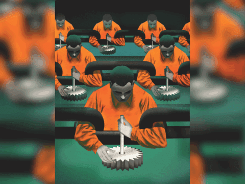 Illustration of prisoners working in a factory. They are faceless, wearing orange jumpsuits and working on sprockets