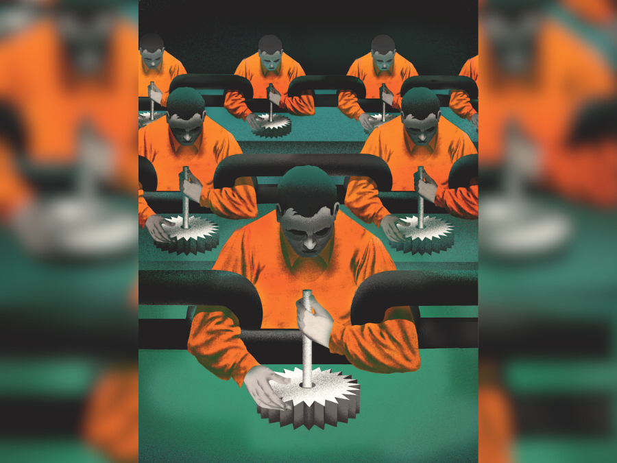 Illustration of prisoners working in a factory. They are faceless, wearing orange jumpsuits and working on sprockets